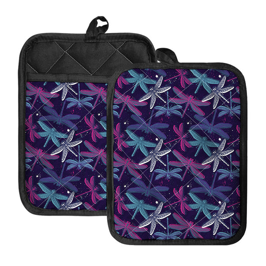 Trippy Dragonfly Pattern Print Pot Holders With Pocket