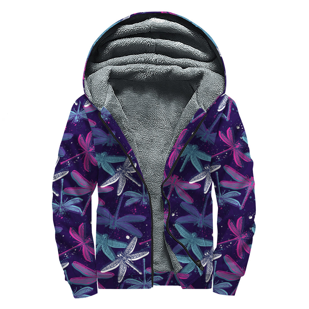 Trippy Dragonfly Pattern Print Sherpa Lined Zip Up Hoodie