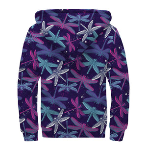 Trippy Dragonfly Pattern Print Sherpa Lined Zip Up Hoodie