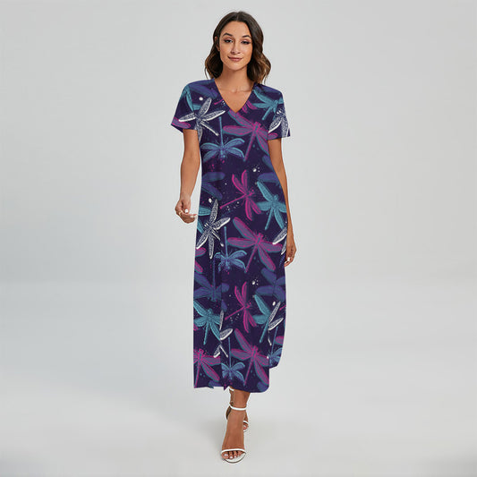 Trippy Dragonfly Pattern Print Short Sleeve Maxi Dress