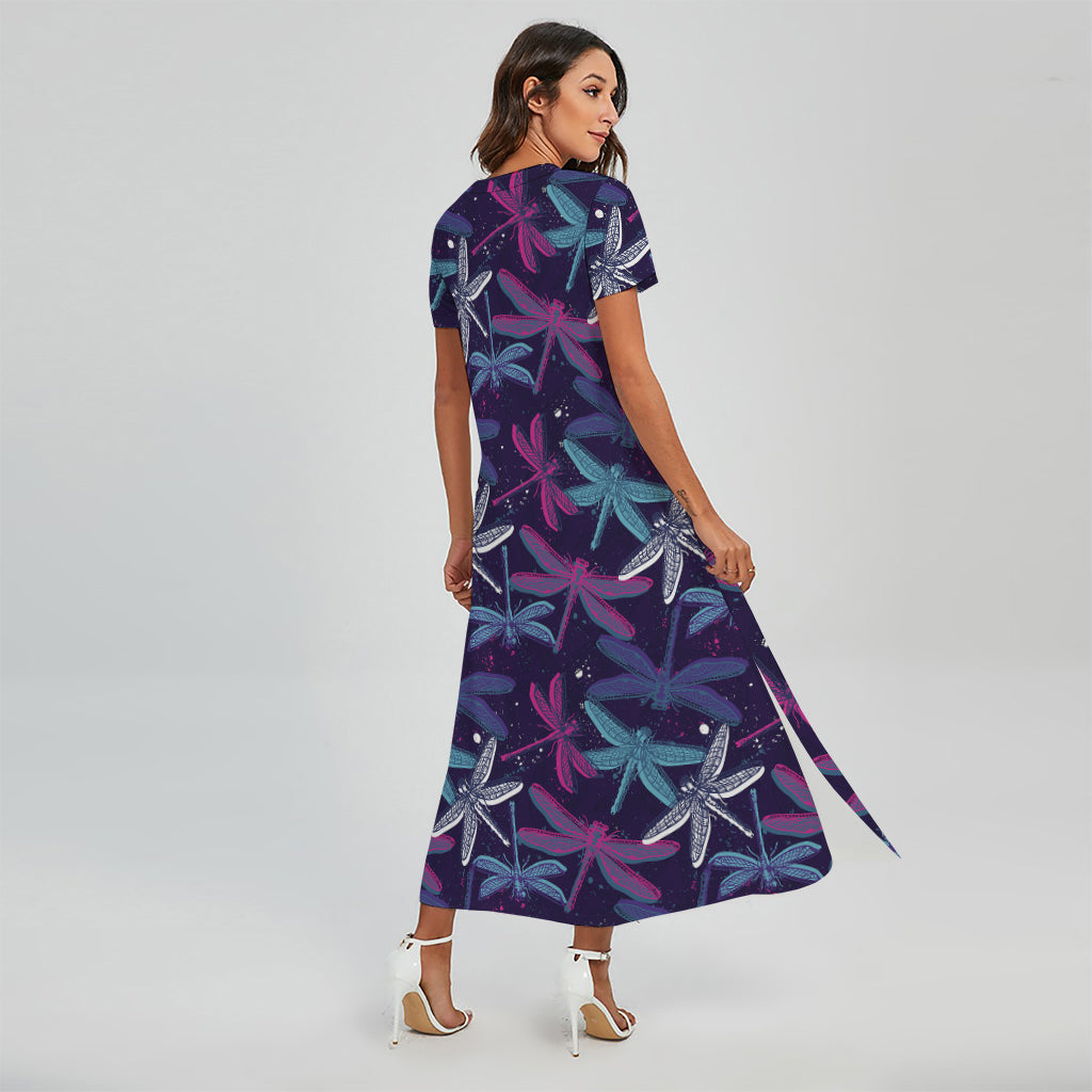Trippy Dragonfly Pattern Print Short Sleeve Maxi Dress