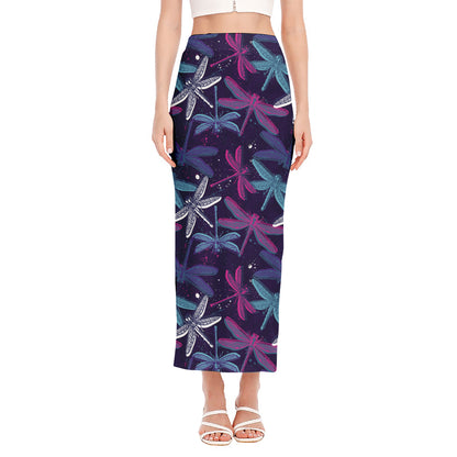 Trippy Dragonfly Pattern Print Side Slit Maxi Skirt