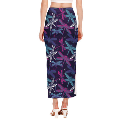 Trippy Dragonfly Pattern Print Side Slit Maxi Skirt