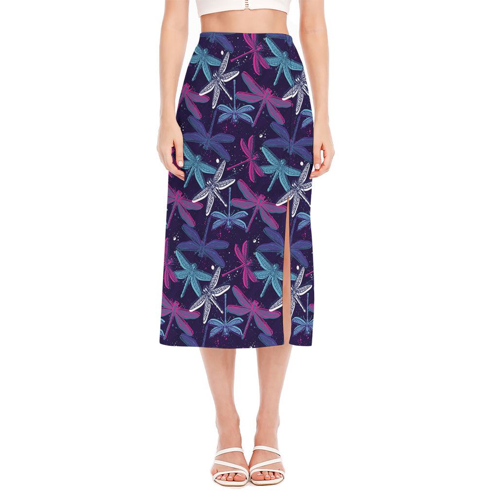 Trippy Dragonfly Pattern Print Side Slit Midi Skirt