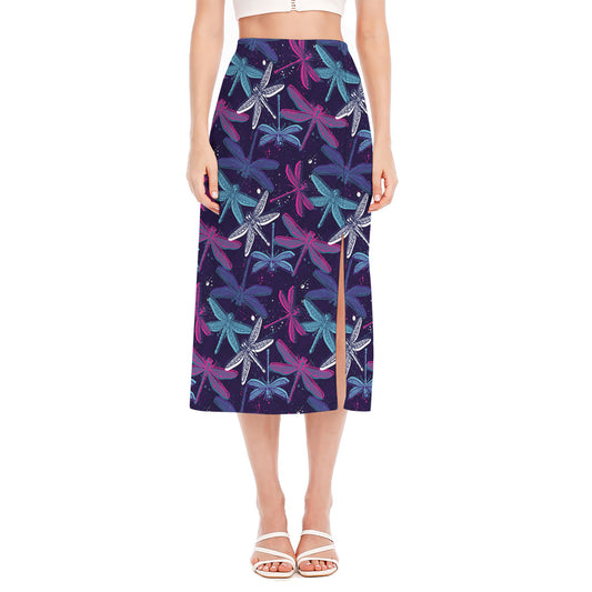 Trippy Dragonfly Pattern Print Side Slit Midi Skirt