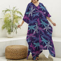 Trippy Dragonfly Pattern Print Silk V-Neck Kaftan Dress