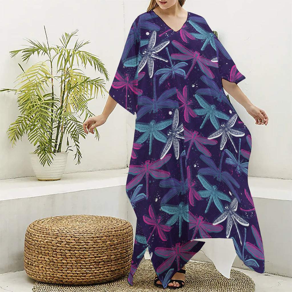 Trippy Dragonfly Pattern Print Silk V-Neck Kaftan Dress