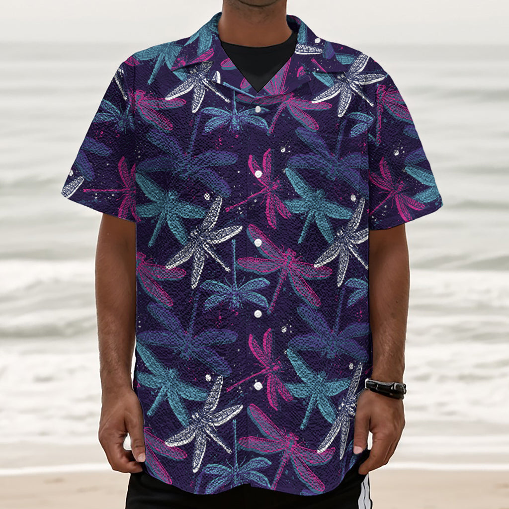 Trippy Dragonfly Pattern Print Textured Short Sleeve Shirt