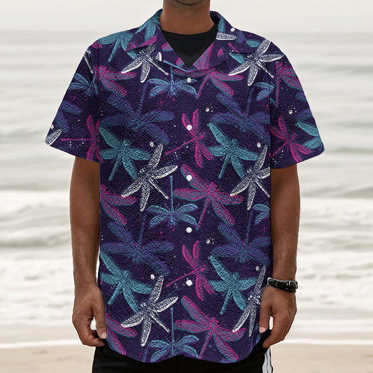 Trippy Dragonfly Pattern Print Textured Short Sleeve Shirt