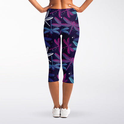 Trippy Dragonfly Pattern Print Women's Capri Leggings