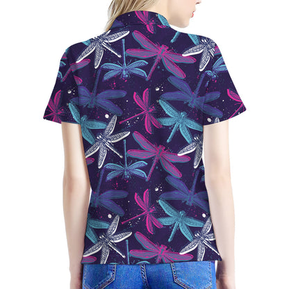 Trippy Dragonfly Pattern Print Women's Polo Shirt