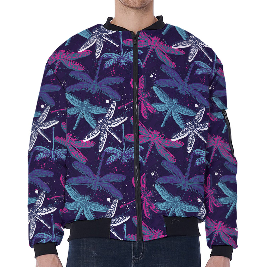 Trippy Dragonfly Pattern Print Zip Sleeve Bomber Jacket