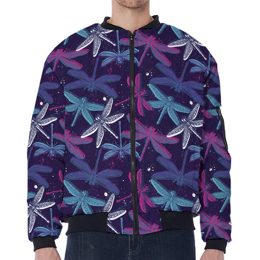 Trippy Dragonfly Pattern Print Zip Sleeve Bomber Jacket