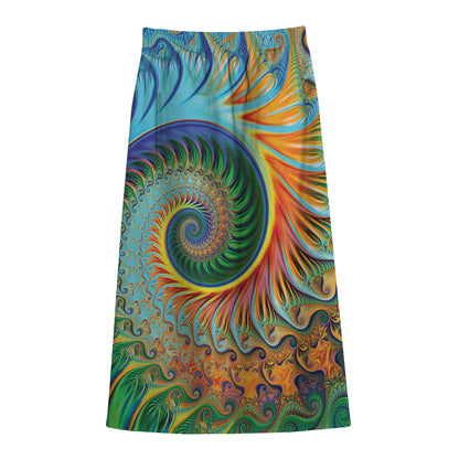 Trippy Fractal Print Cotton Front Slit Maxi Skirt