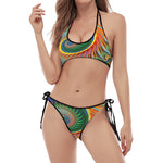 Trippy Fractal Print Halter Scoop Tie Side Bikini