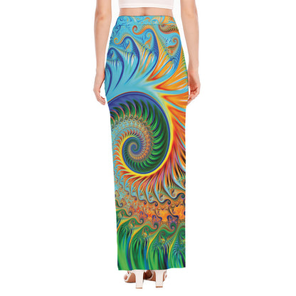 Trippy Fractal Print High Slit Maxi Skirt