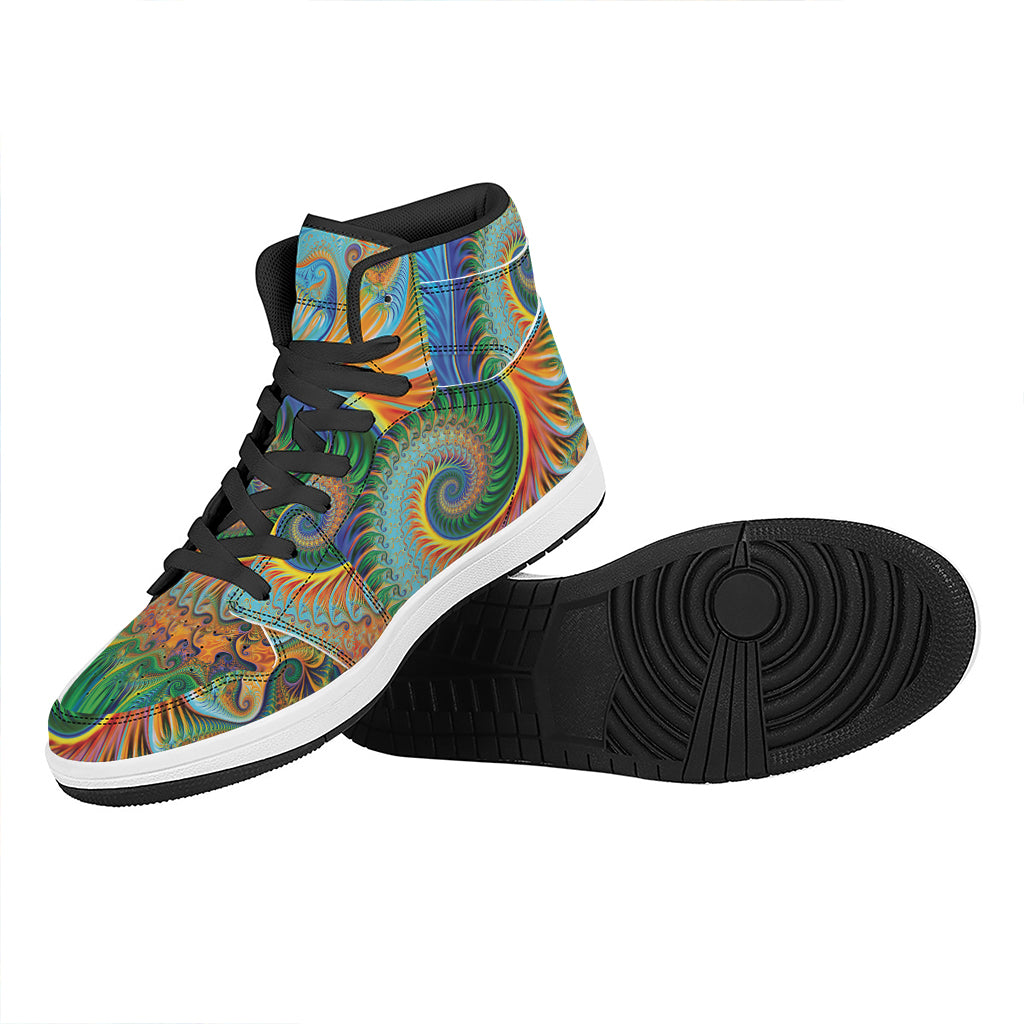 Trippy Fractal Print High Top Leather Sneakers