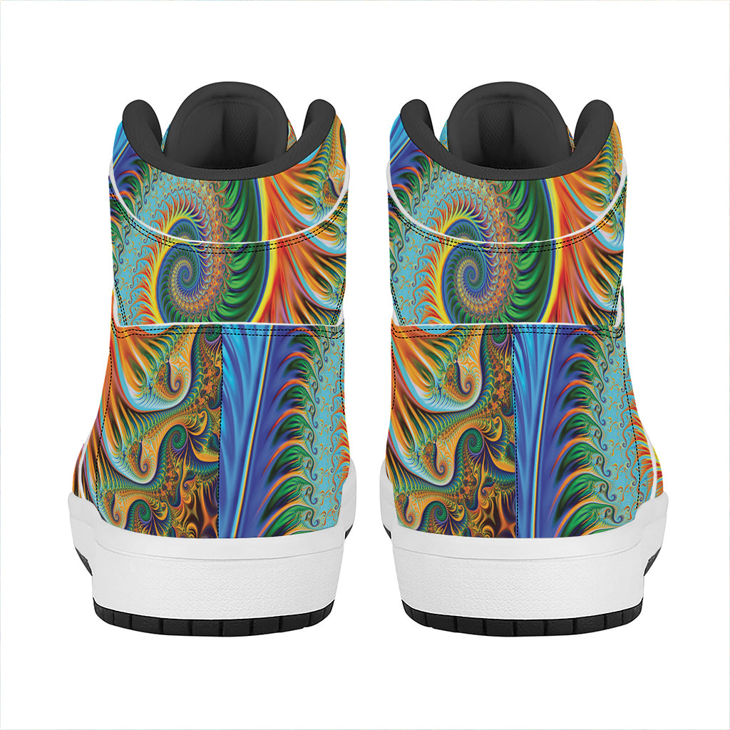 Trippy Fractal Print High Top Leather Sneakers