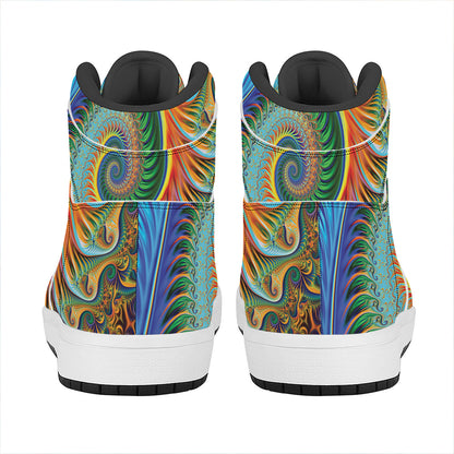 Trippy Fractal Print High Top Leather Sneakers
