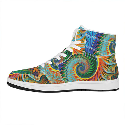 Trippy Fractal Print High Top Leather Sneakers