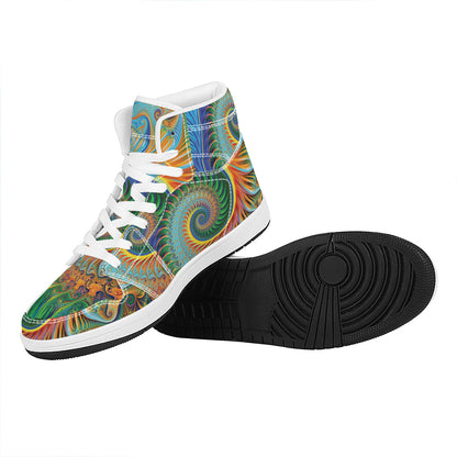 Trippy Fractal Print High Top Leather Sneakers