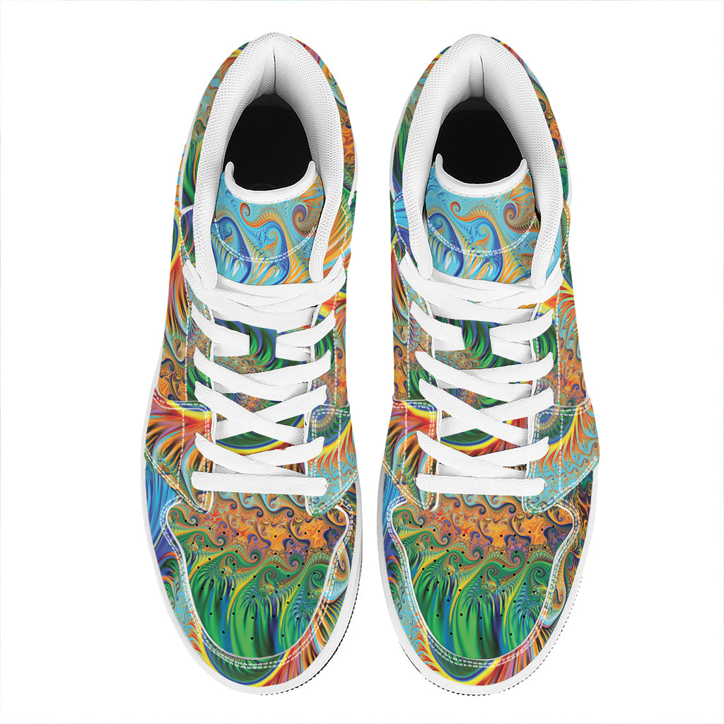 Trippy Fractal Print High Top Leather Sneakers