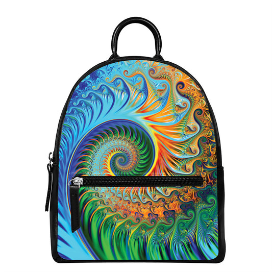 Trippy Fractal Print Leather Backpack