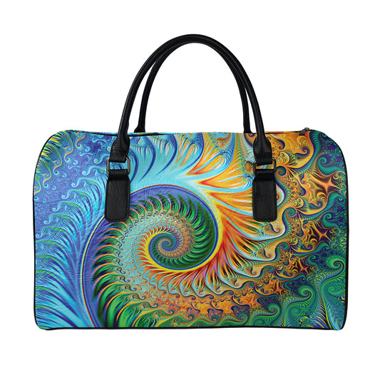 Trippy Fractal Print Leather Duffle Bag