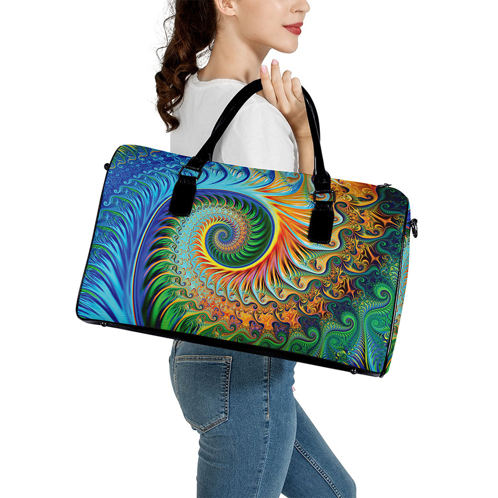Trippy Fractal Print Leather Duffle Bag