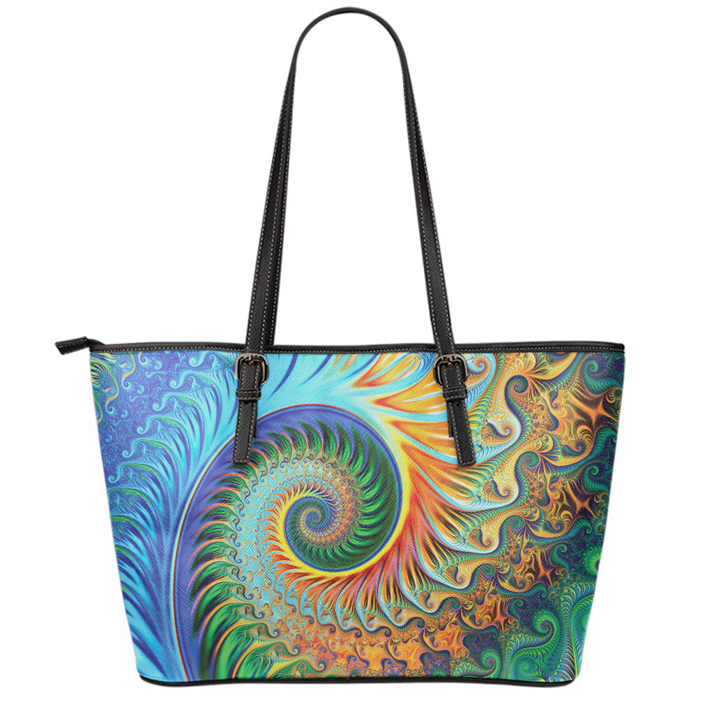 Trippy Fractal Print Leather Tote Bag