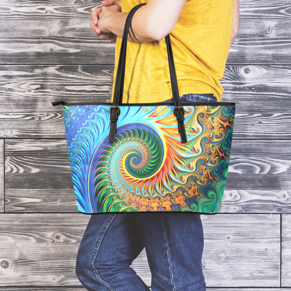 Trippy Fractal Print Leather Tote Bag