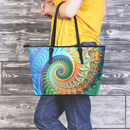 Trippy Fractal Print Leather Tote Bag