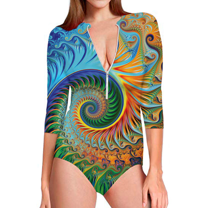 Trippy Fractal Print Long Sleeve Swimsuit