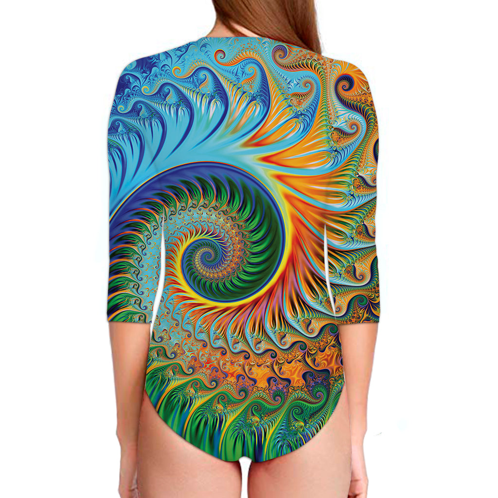 Trippy Fractal Print Long Sleeve Swimsuit