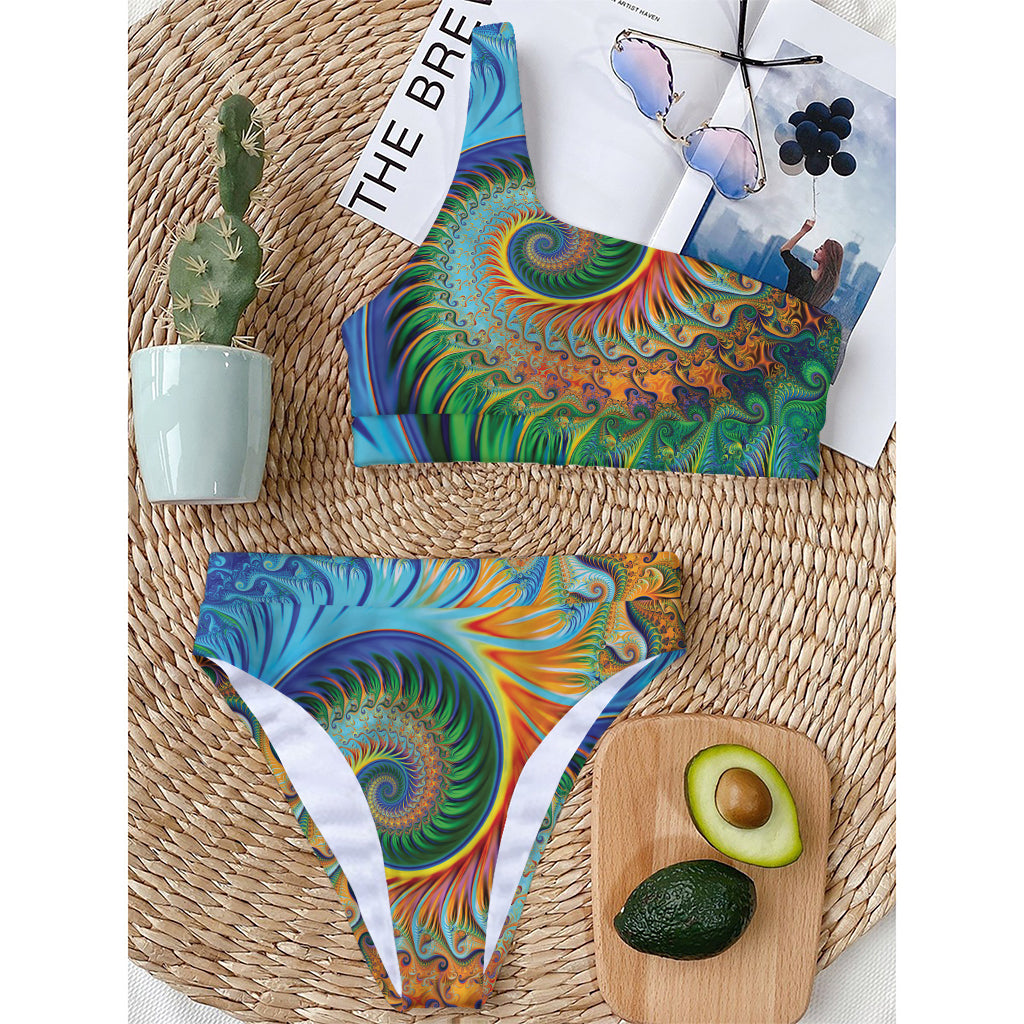 Trippy Fractal Print One Shoulder Bikini Top
