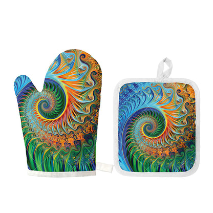 Trippy Fractal Print Oven Mitt And Pot Holder Set