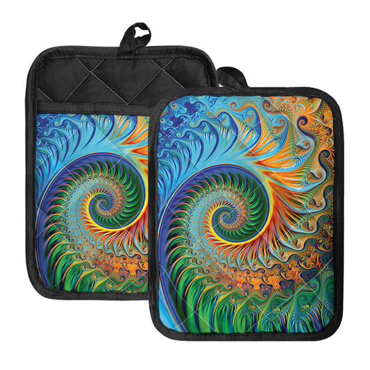 Trippy Fractal Print Pot Holders With Pocket