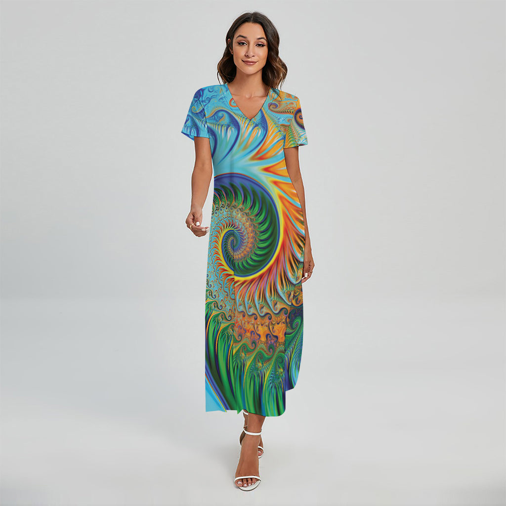 Trippy Fractal Print Short Sleeve Maxi Dress