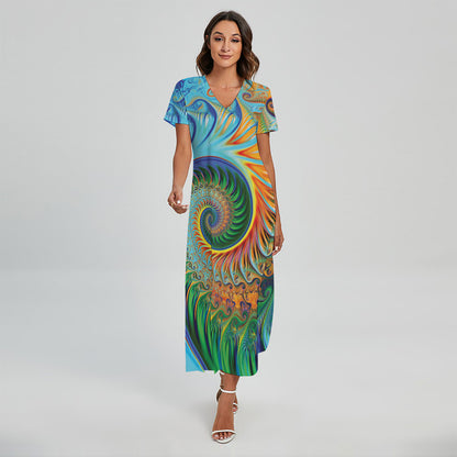 Trippy Fractal Print Short Sleeve Maxi Dress