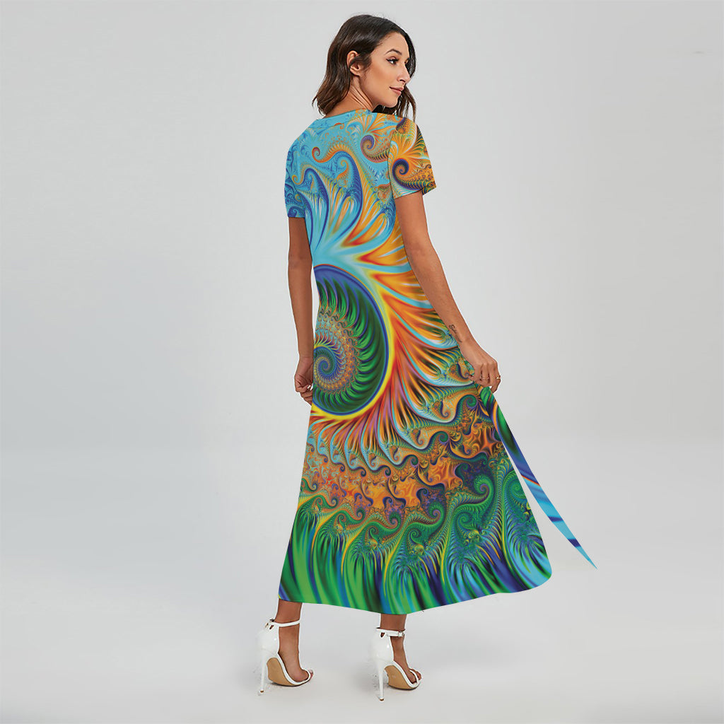 Trippy Fractal Print Short Sleeve Maxi Dress