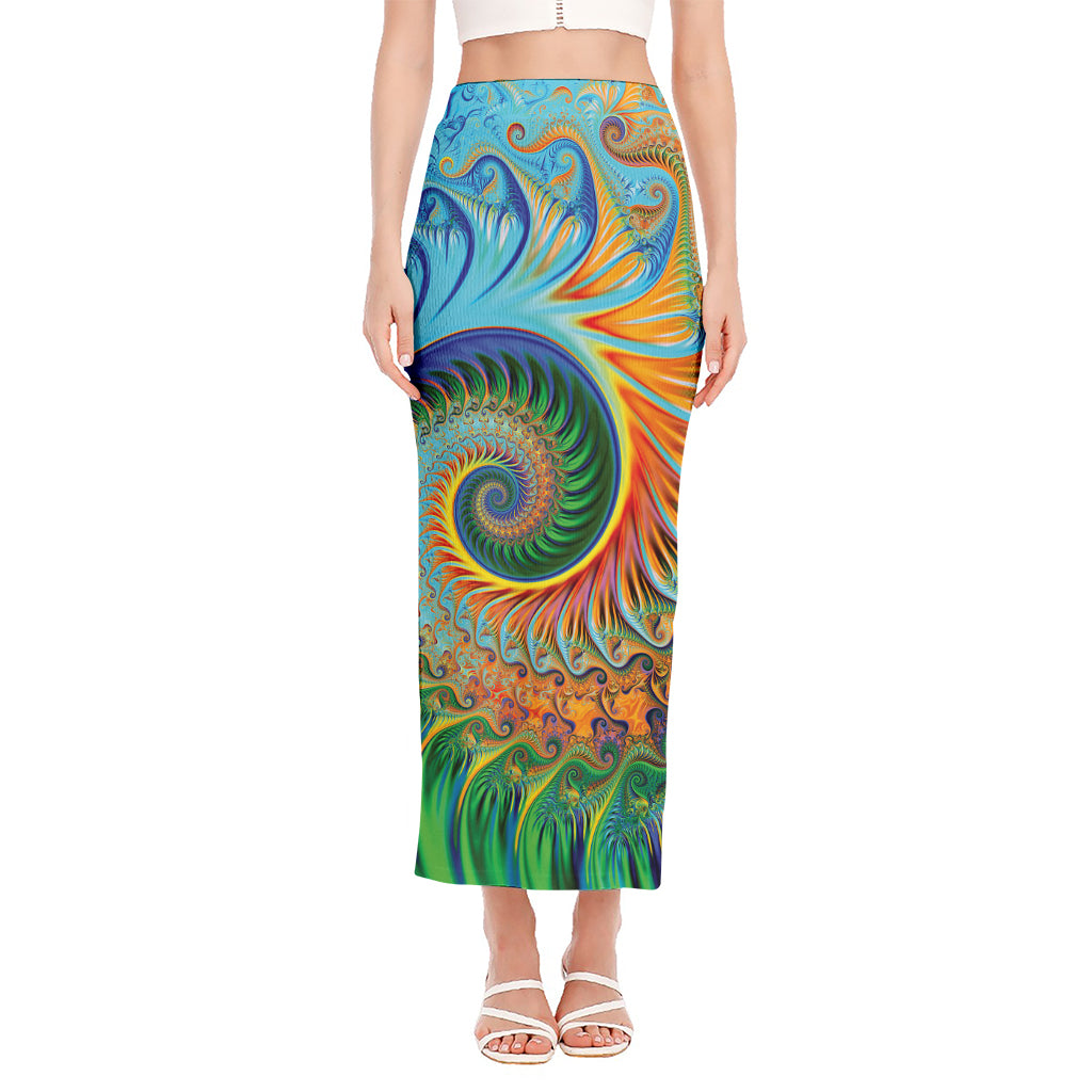 Trippy Fractal Print Side Slit Maxi Skirt