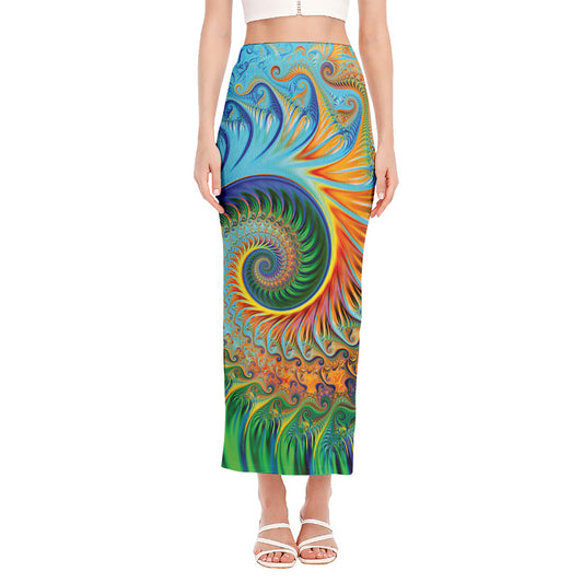Trippy Fractal Print Side Slit Maxi Skirt