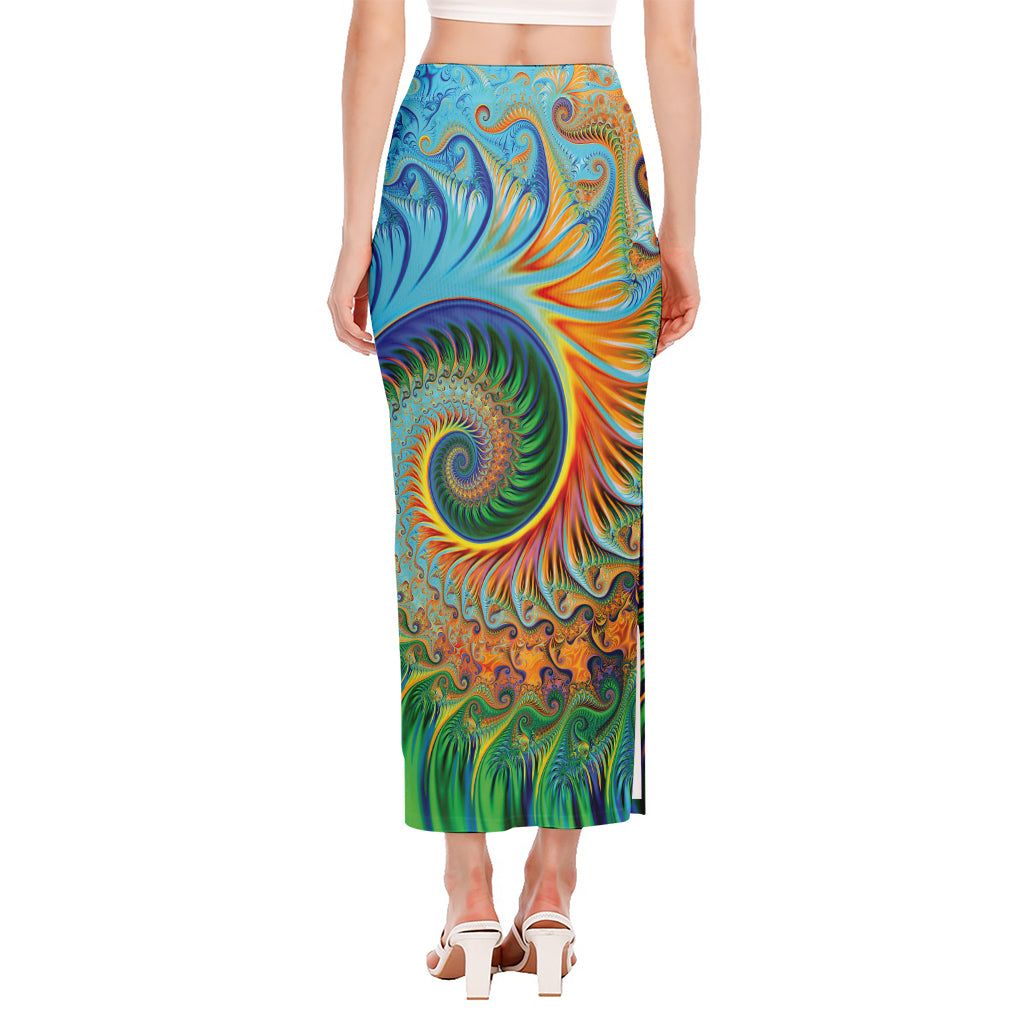 Trippy Fractal Print Side Slit Maxi Skirt