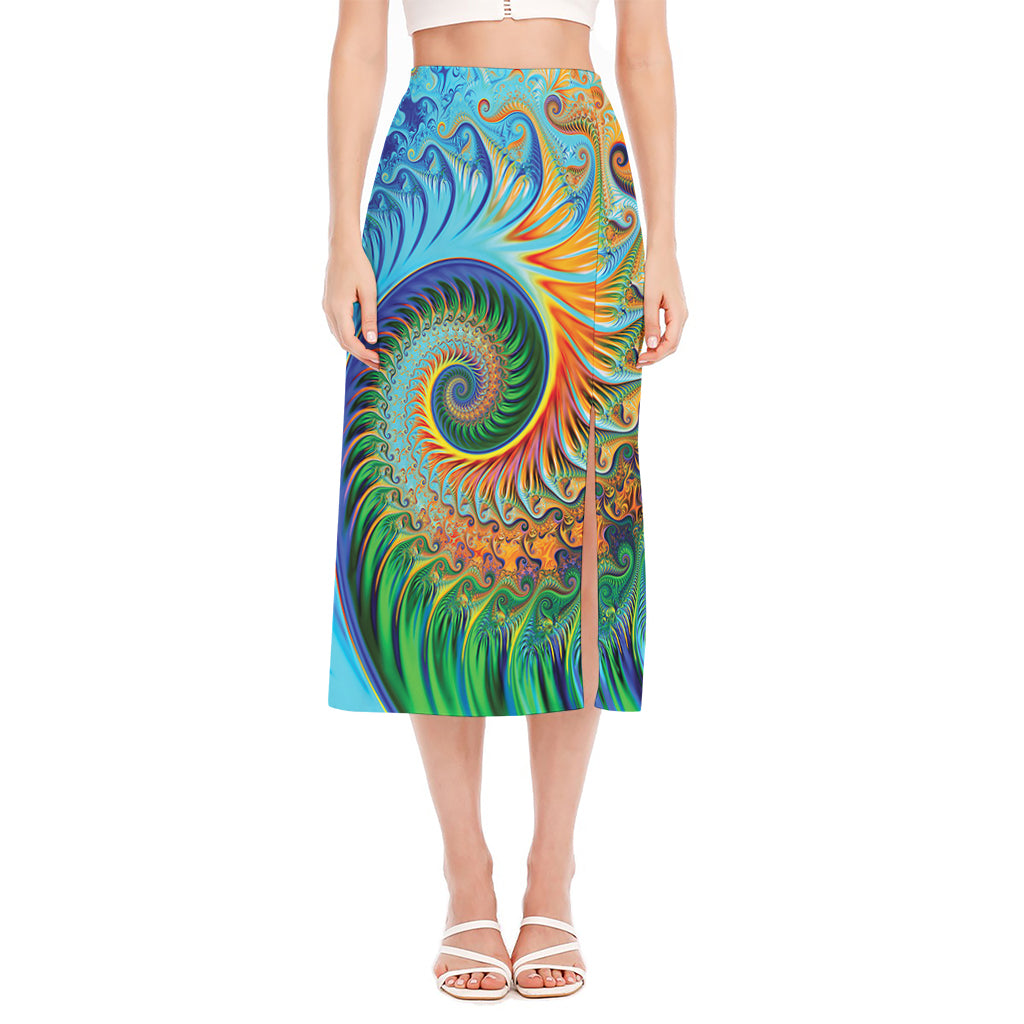 Trippy Fractal Print Side Slit Midi Skirt