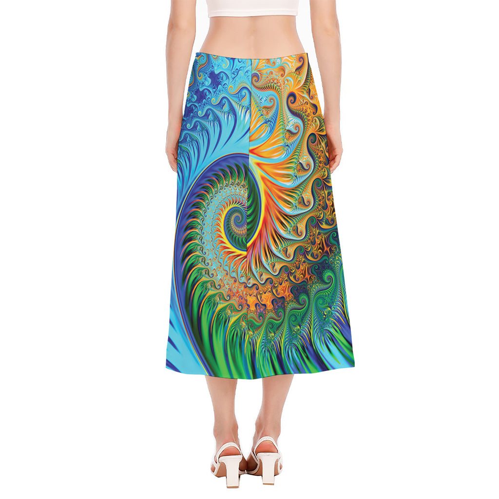 Trippy Fractal Print Side Slit Midi Skirt
