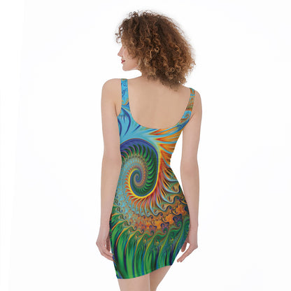 Trippy Fractal Print Sleeveless Bodycon Dress