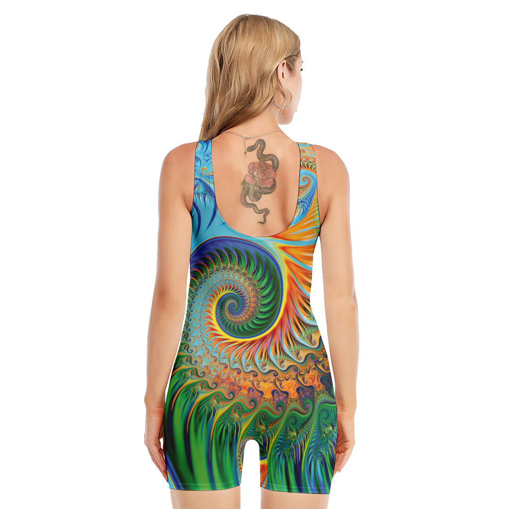 Trippy Fractal Print Sleeveless One Piece Swimsuit