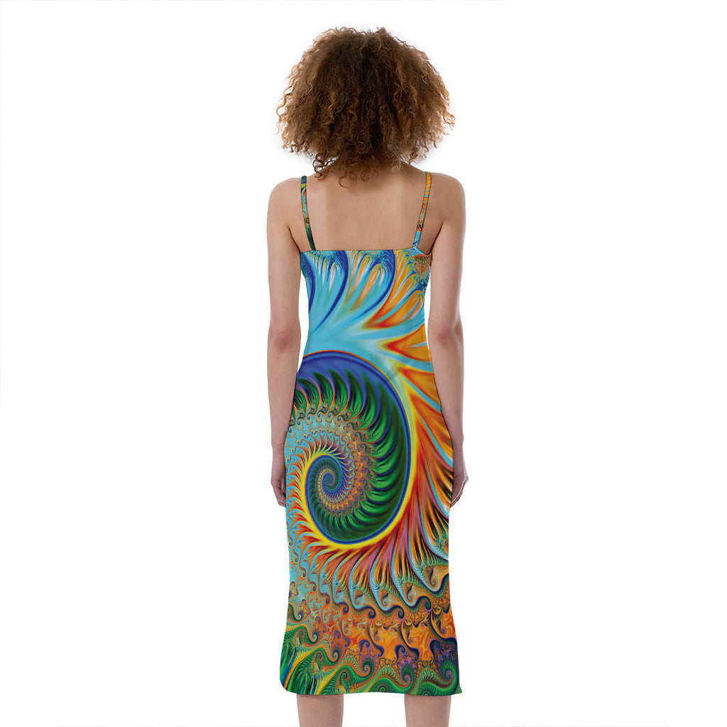 Trippy Fractal Print Slim Fit Midi Cami Dress