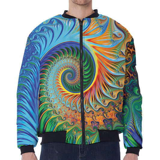 Trippy Fractal Print Zip Sleeve Bomber Jacket
