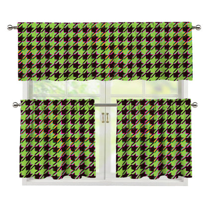 Trippy green Houndstooth Pattern Print 3 Piece Kitchen Curtains